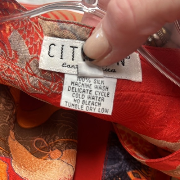 Citron Santa Monica Coral Button Down Silk Blouse with Asian Inspired Print L - Picture 10 of 11